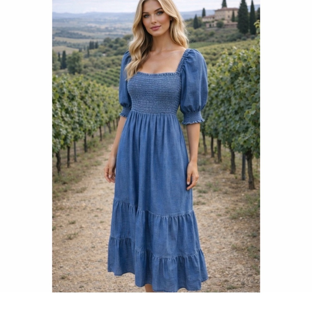 Mlle Gabrielle Blue smocked peasant Midi Dress size S
